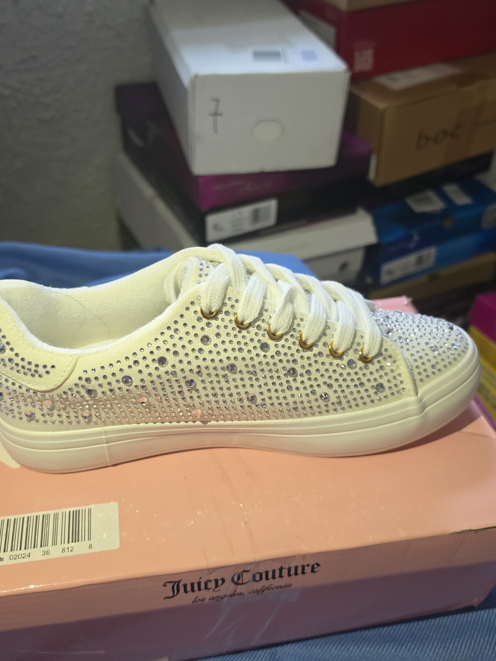 Juicy Couture White Rhinestone Crystal Embellished Lace-Up Sneakers (New with Bo - Picture 5 of 12
